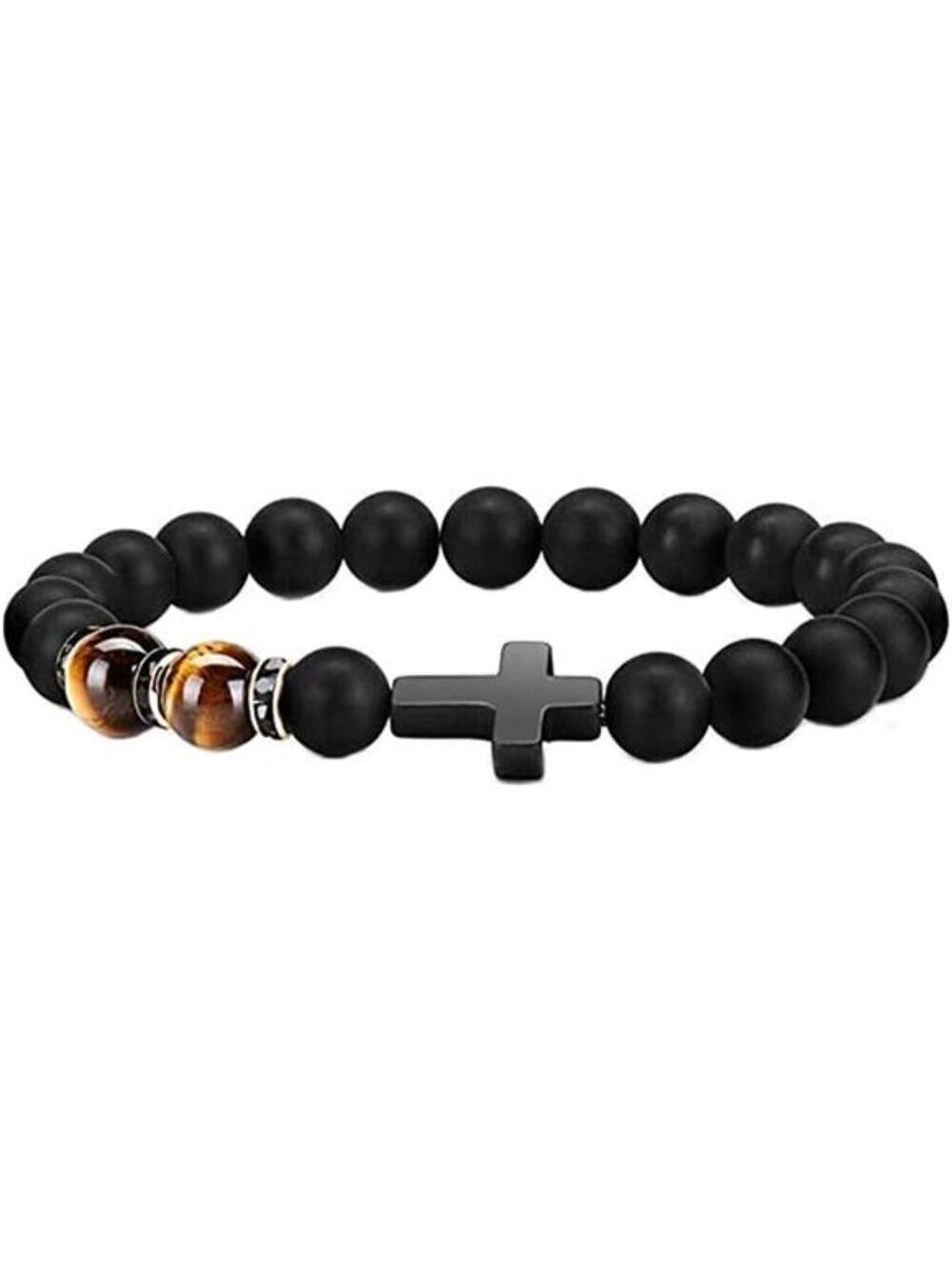 Mens Cross Bracelet Tiger Eye Beaded Catholic Rosary Adjustable Crystal Stone
